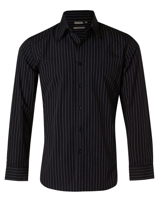 A men's long sleeve button-up shirt in black with white pinstripes, featuring a chest pocket and a logo.