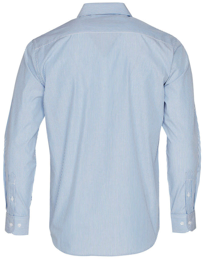 A long sleeve button-up shirt featuring a blue and white stripe pattern, with a collar and cuff buttons.