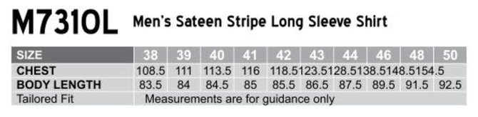 A table displaying size measurements for a men's sateen stripe long sleeve shirt, featuring chest and body length details.