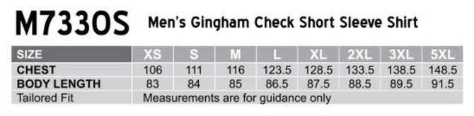 A size chart for a Men's Gingham Check Short Sleeve Shirt, detailing chest and body lengths in various sizes.