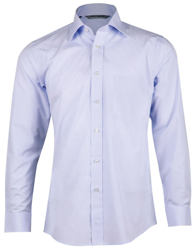 A light blue, long sleeve button-up shirt made from premium cotton with a single chest pocket.