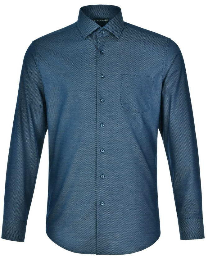 Men's long-sleeve button-up shirt in dark blue with a pin dot pattern and a single chest pocket. Features a logo on the collar.