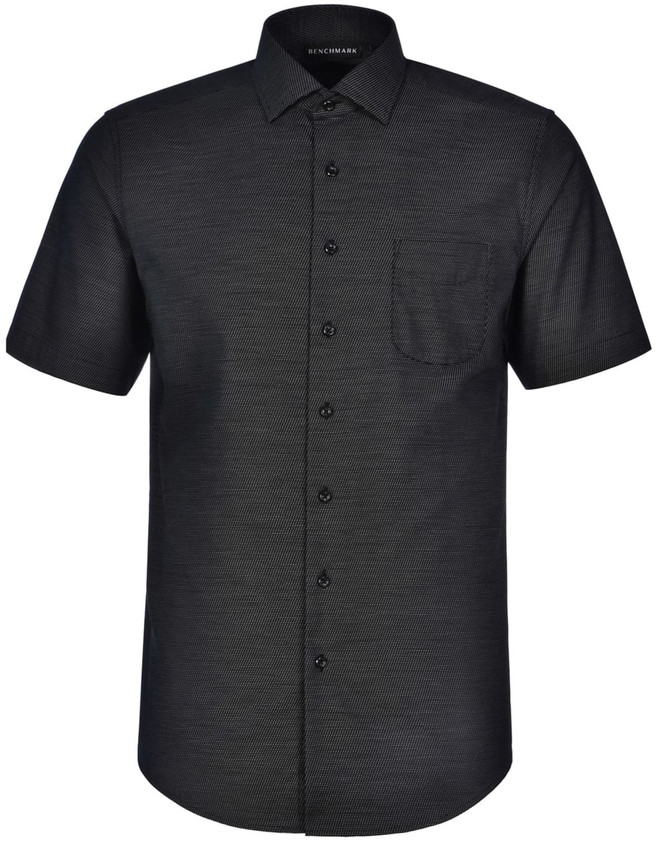 A short-sleeved black men's button-up shirt featuring a pin dot pattern and a chest pocket. Includes a logo.