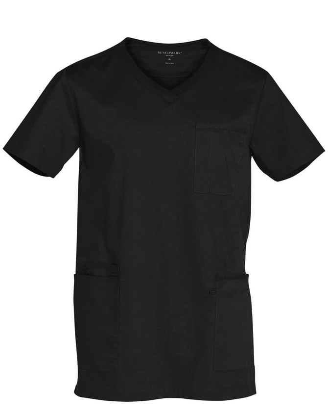 A black men's scrub top featuring a v-neck, short sleeves, and multiple pockets, with a logo present.