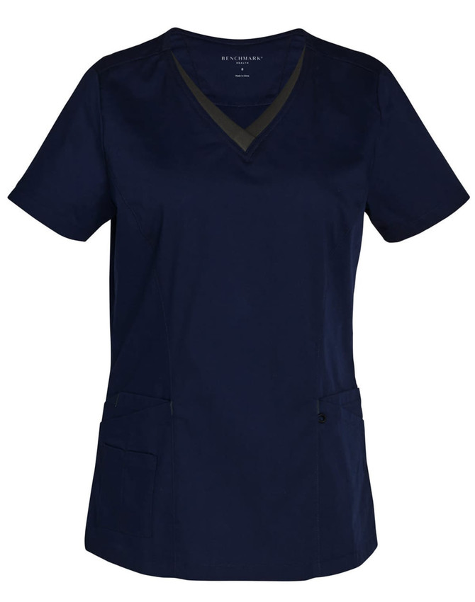 A navy blue ladies' scrub top featuring a contrast colour neckline and pockets, with a logo on the label.