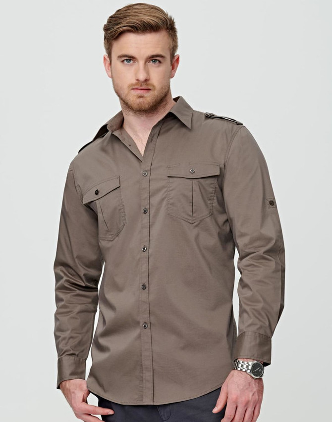 A khaki long sleeve military shirt with a button-up front, featuring shoulder epaulettes and chest pockets.