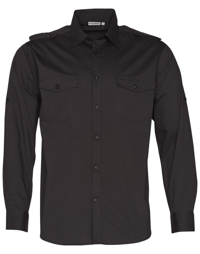 A black long sleeve military-style button-up shirt featuring two chest pockets and shoulder epaulets.