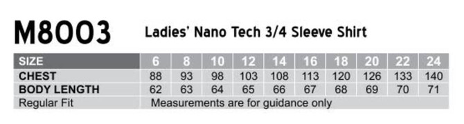 A table displaying size measurements for the Women's Nano Tech 3/4 Sleeve Shirt, including chest and body length.
