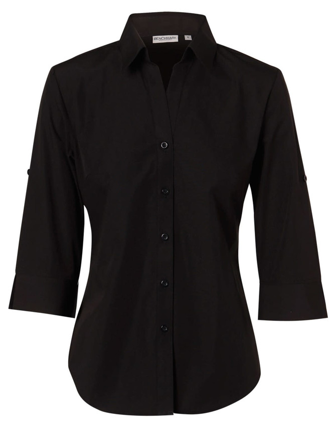A black women's button-up shirt with 3/4 sleeves and a logo at the collar.