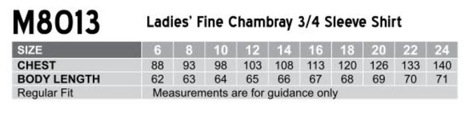 A table displaying size measurements for a women's fine chambray 3/4 sleeve shirt in various sizes.