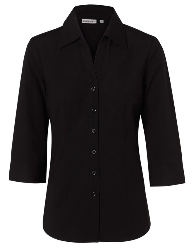 A black women's cotton/poly stretch 3/4 sleeve button-up shirt featuring a classic collar and a logo.