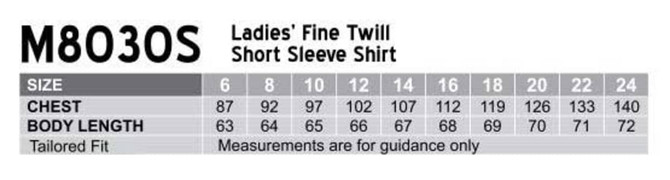 A size chart for a women's fine twill short sleeve button-up shirt, detailing chest and body length measurements.