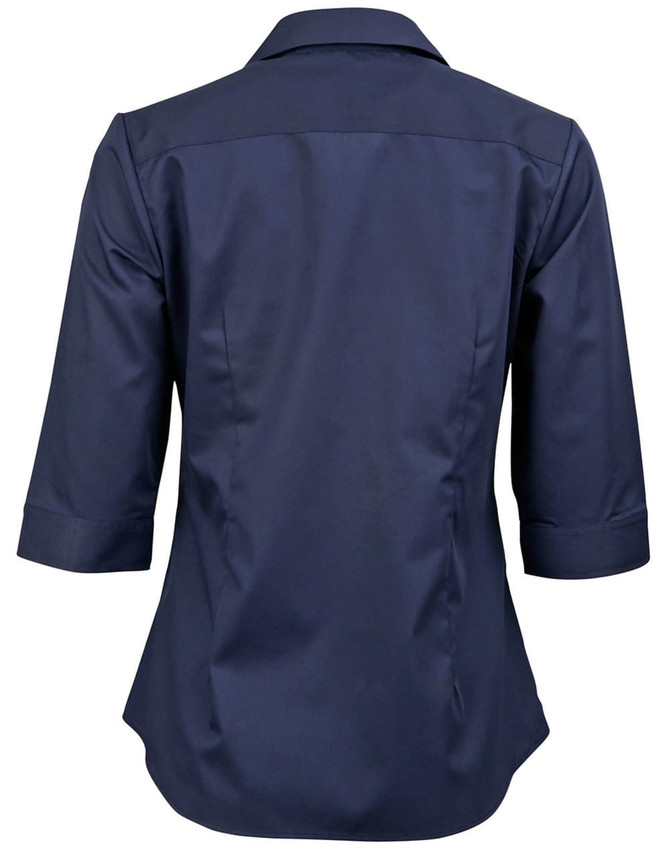 A navy blue 3/4 sleeve button-up shirt with a dobby stripe pattern and a logo.