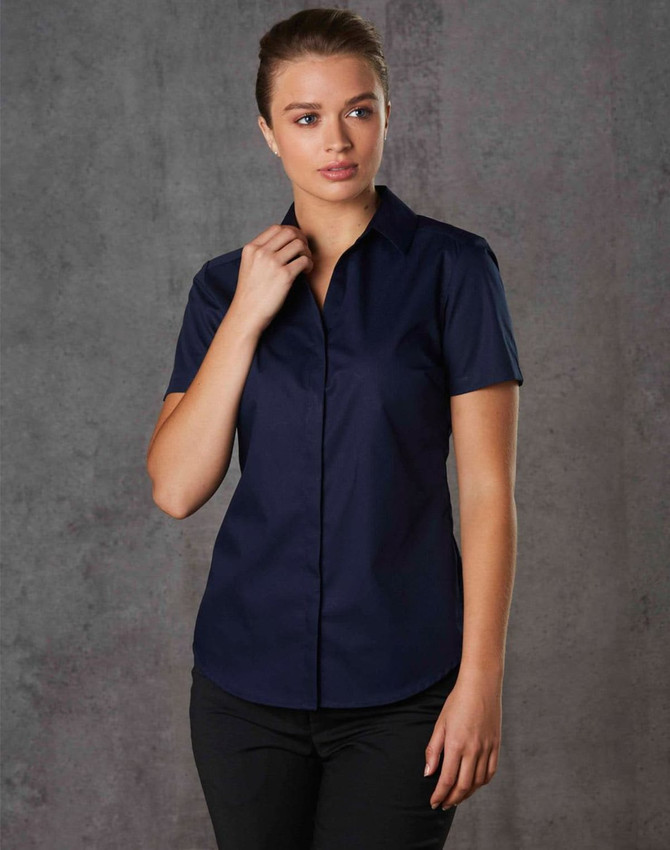A navy blue short-sleeved button-up shirt for women, featuring a sleek design and a subtle texture.