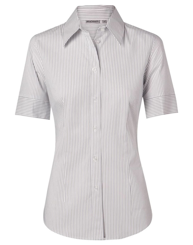 A women's short-sleeve button-up shirt featuring a grey and white ticking stripe pattern. It has a classic collar and a logo.