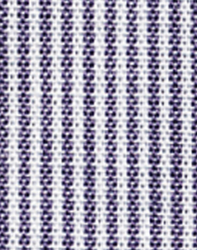 A close-up of a fabric featuring fine stripes in navy and white, suitable for a button-up shirt.