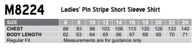 A table displaying size measurements for a women's pin stripe short sleeve shirt, featuring regular fit options.