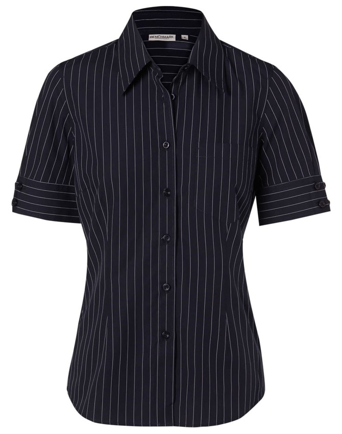 A black women's short sleeve button-up shirt featuring a pinstripe pattern and a chest pocket.