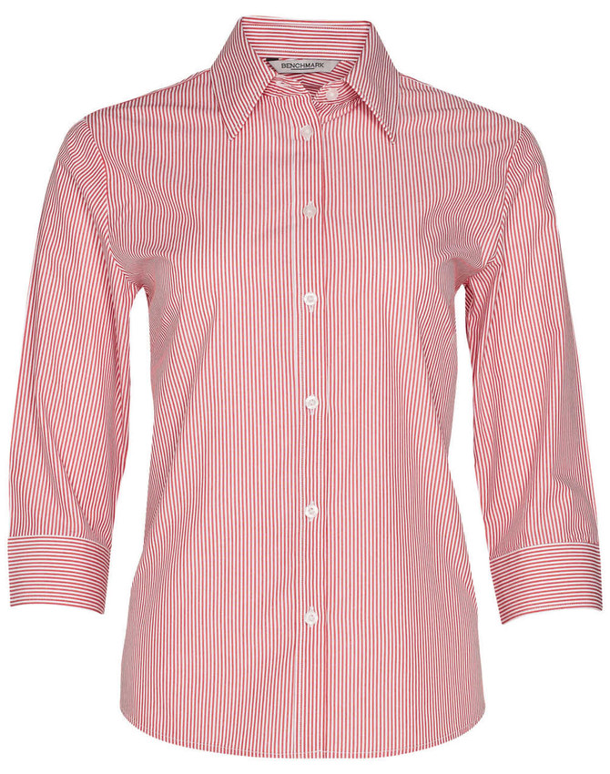A women's button-up shirt with a red and white stripe pattern and 3/4 sleeves. Features a collar and buttons.