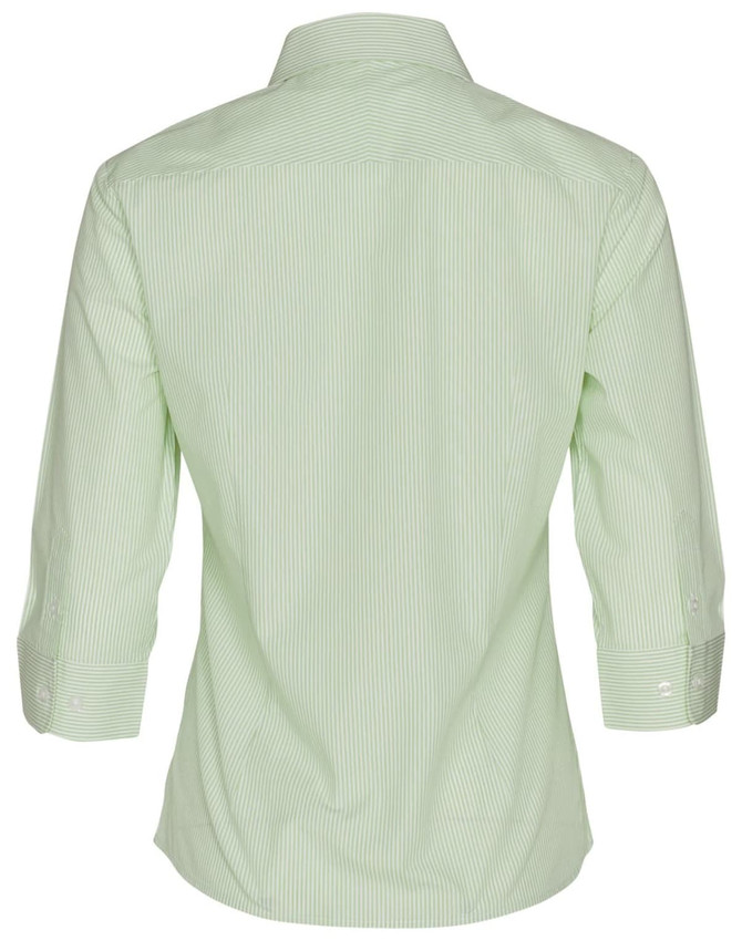 A green and white striped women's button-up shirt with 3/4 sleeves and a collar, featuring a logo.