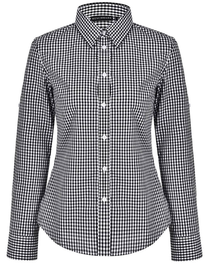 A button-up shirt featuring a black and white gingham check pattern, with long sleeves and a collared neckline.
