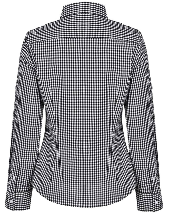 A black and white gingham check women's roll-up long sleeve button-up shirt, featuring a fitted design and collar.