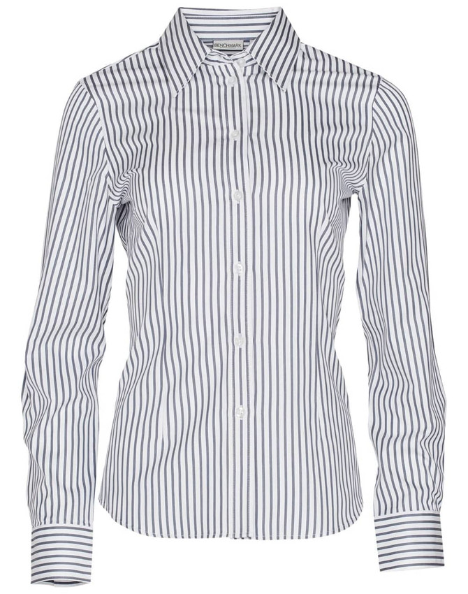 A women's long-sleeve button-up shirt featuring a blue and white sateen stripe pattern. The shirt has a collar and a logo.