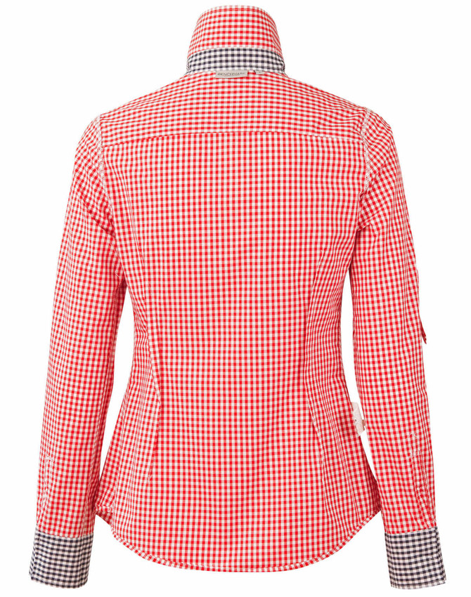 A red and white gingham check roll-up long sleeve shirt, featuring a contrasting check collar and a fitted design.