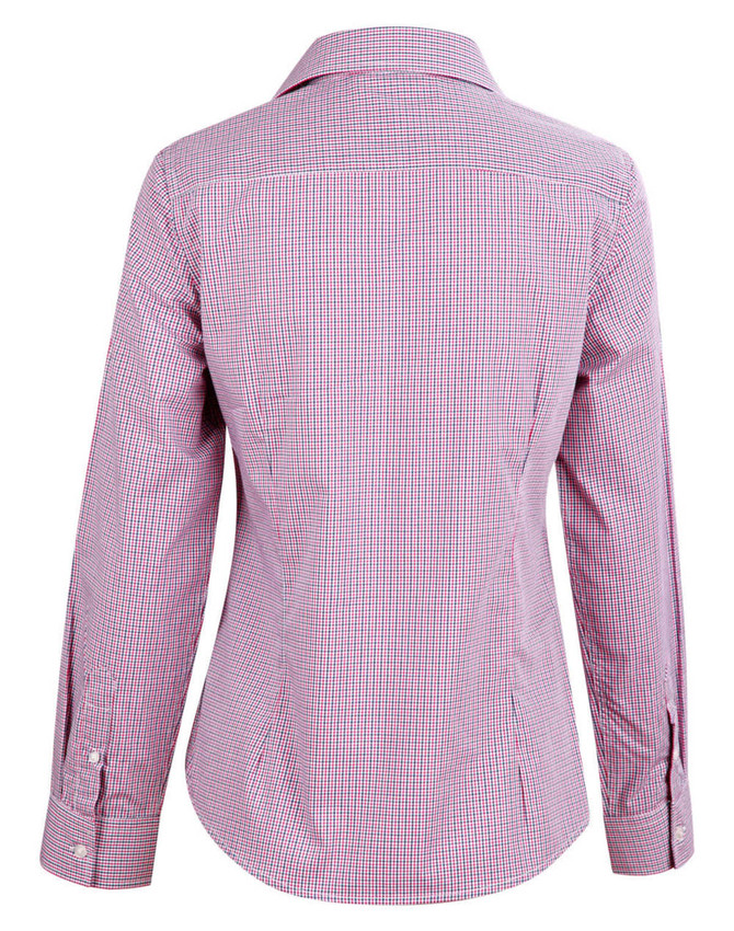 A two-tone mini check long-sleeve shirt in red and white, featuring a button-up design and a logo.