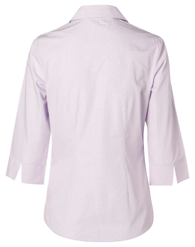 A light purple women's mini check 3/4 sleeve button-up shirt with a collar and a logo.