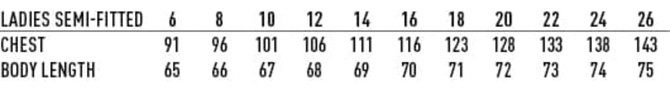 A size chart for a ladies' semi-fitted garment, detailing chest measurements and body lengths in centimetres.