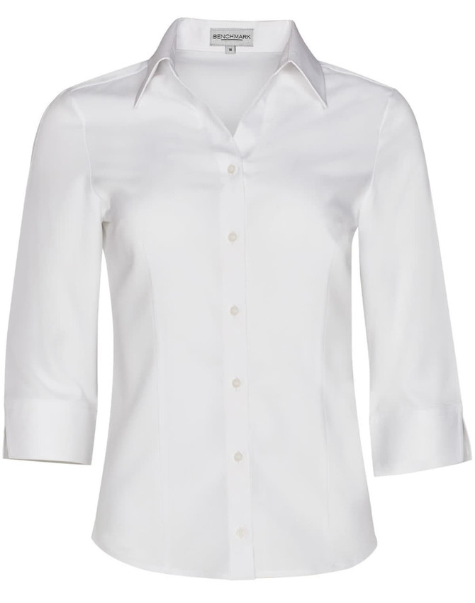 A white women's Cooldry 3/4 sleeve shirt with a collar and buttons, featuring a logo.