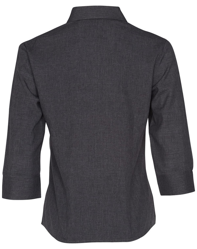 A dark grey women's 3/4 sleeve shirt with a collared neckline and a logo on the back.