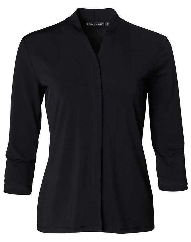 A black mid sleeve knit top with a wrap-style front and a subtle collar, featuring a logo at the neck.