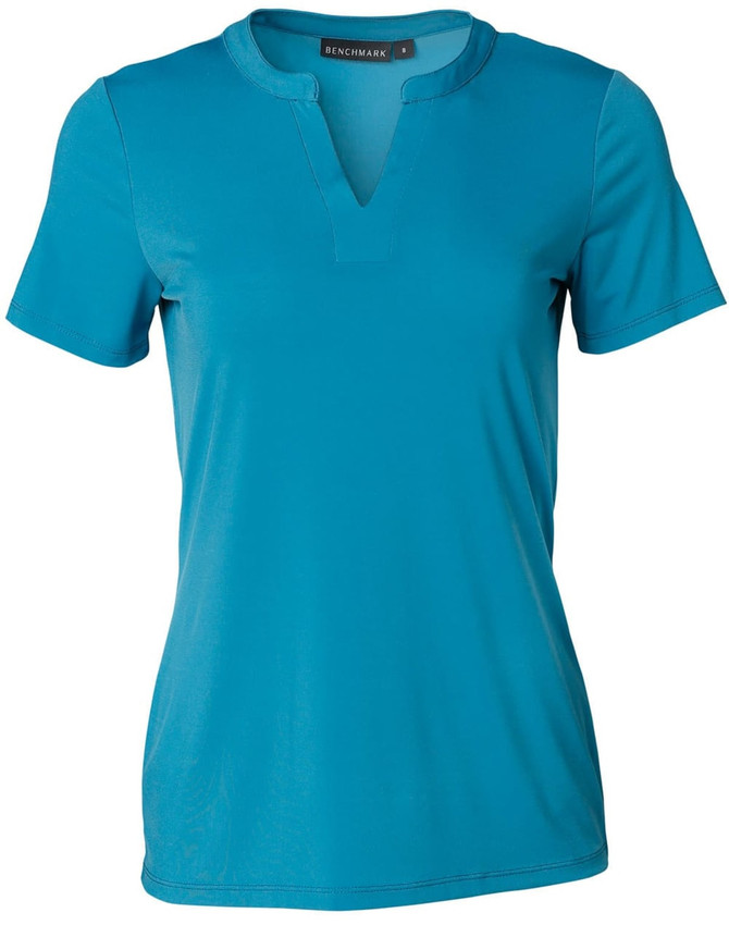 A short-sleeved, teal women's V-neck top featuring a tab design and a logo.