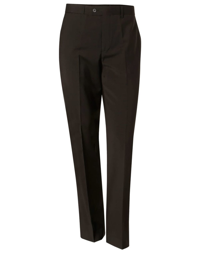 Men's stretch wool blend pants in a dark shade, featuring a button closure and slanted pockets. Includes branding.