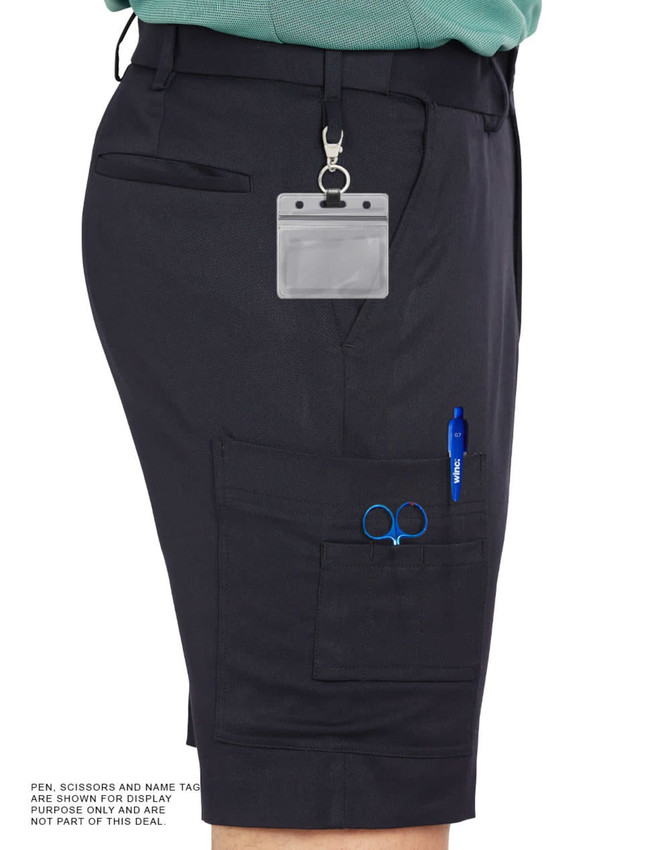 Men's utility cargo shorts in navy with pockets featuring a pen, scissors, and a name tag holder.