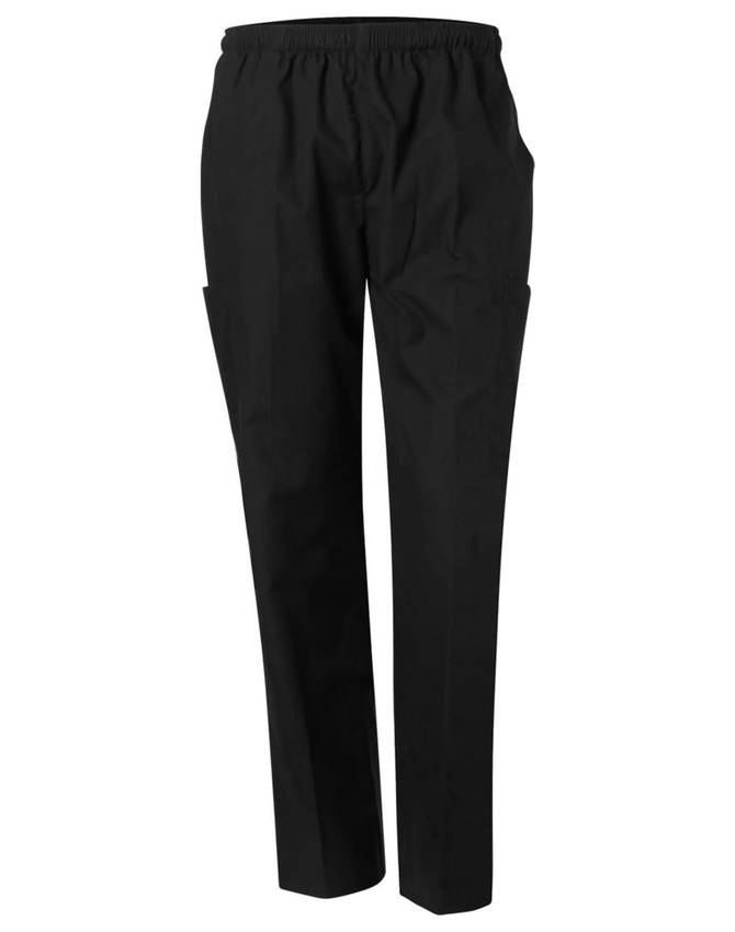 Black unisex scrub pants with an elastic waistband and side pockets. Features a logo on one side.
