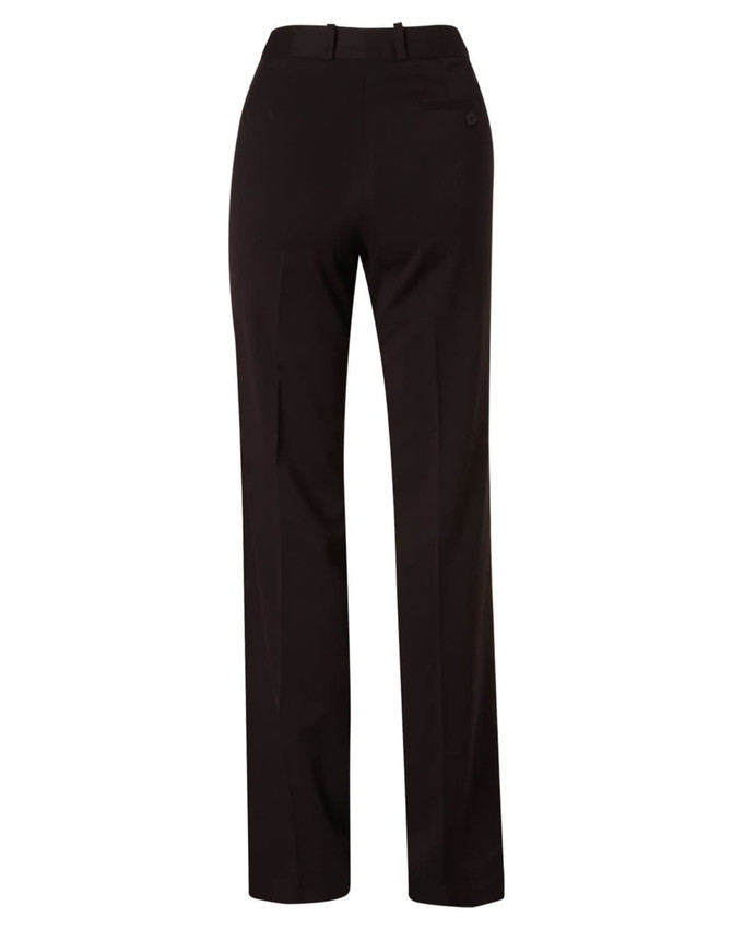 Black women's utility pants featuring a flexi waist and made from a poly/viscose stretch fabric.