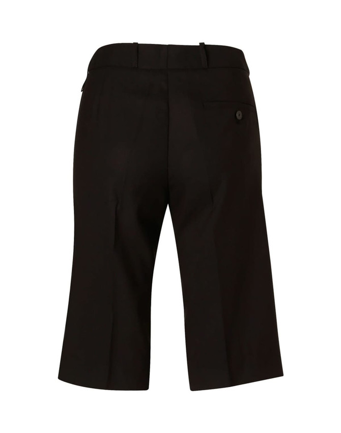 Back view of women's knee-length black dress shorts in poly/viscose stretch, featuring a button and pocket detail.