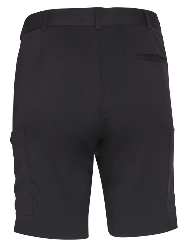 A pair of black ladies' utility cargo shorts with side pockets and an elastic waistband, featuring a simple design.