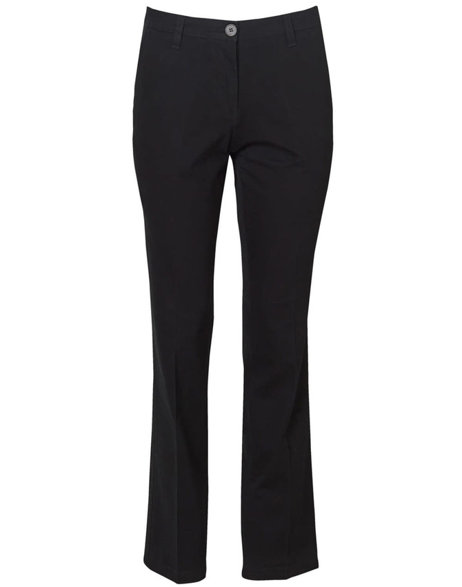 Women's chino pants in black, featuring a fitted design and a button closure. The product has a logo.