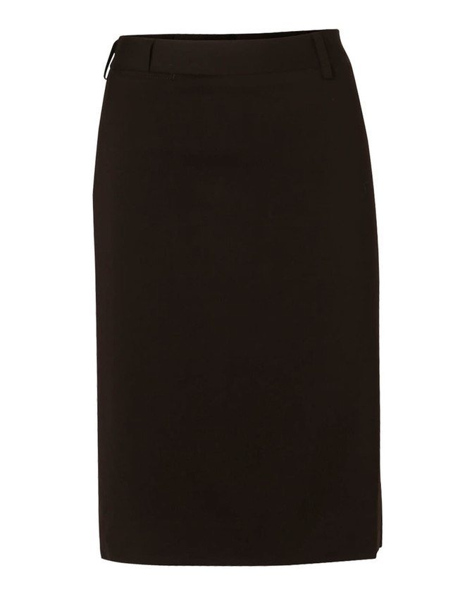 A black mid-length lined pencil skirt made from poly/viscose stretch fabric, featuring a smooth silhouette and simple design.