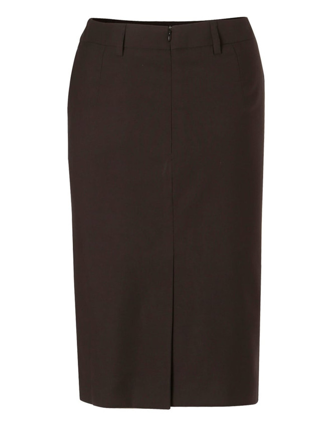 A mid-length lined pencil skirt in dark brown, made from poly/viscose stretch. Features a back zip and waistband.
