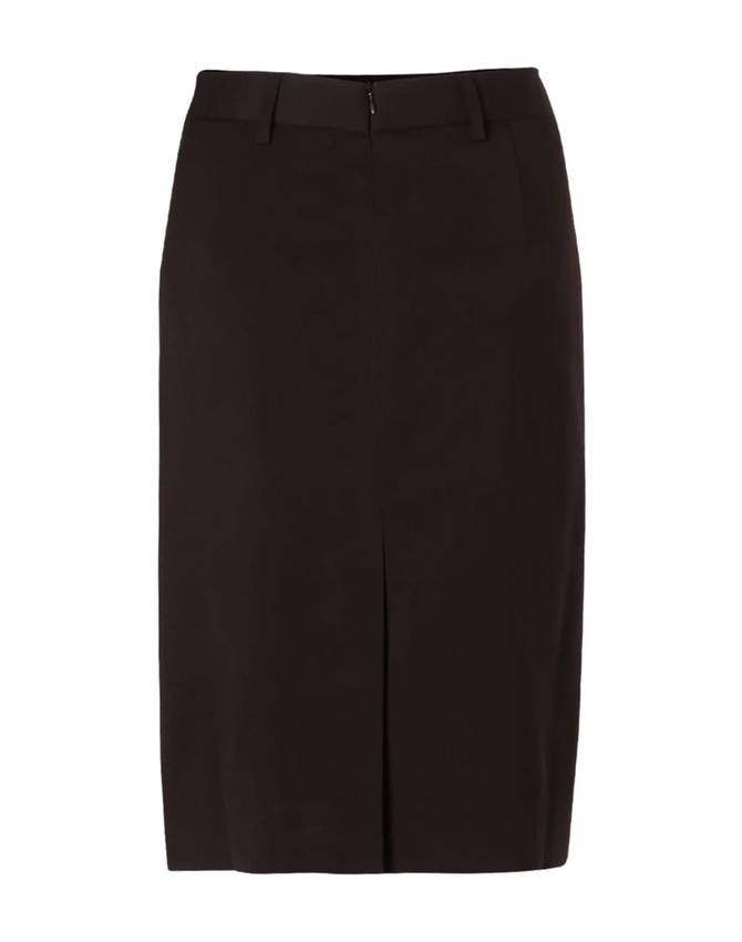 A women's mid-length pencil skirt in black, featuring a lined design and a back zip closure.