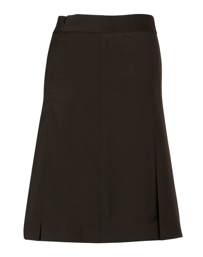 A dark brown pleated wool stretch skirt with a fitted waistband and a straight cut. It features a logo.