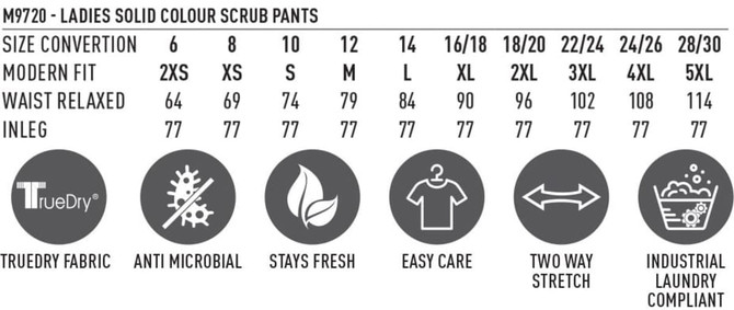 A chart displaying size conversions and features for ladies' solid colour scrub pants, including various sizes and care instructions.