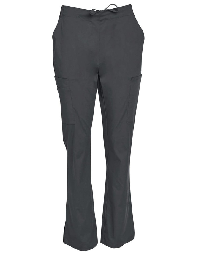 Ladies' solid colour scrub pants in dark grey, featuring a waistband tie and side pockets. Includes branding.