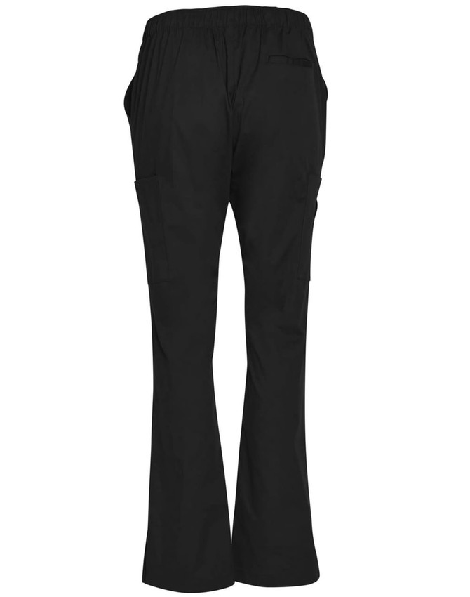 Black ladies' scrub pants featuring a relaxed fit and multiple pockets, with an elastic waistband and a logo.