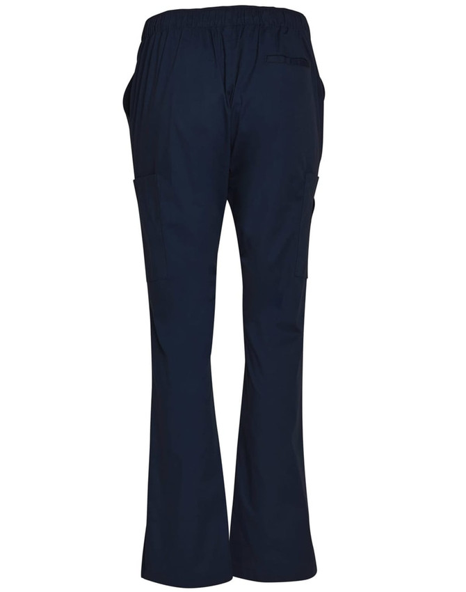 Ladies' solid colour scrub pants in navy, featuring an elastic waistband and multiple pockets.